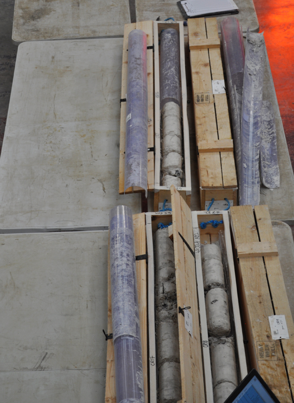 Lower Thames Crossing Ground Investigation Site Visit - Core Store facility showing core samples in core boxes with the core liners next to them