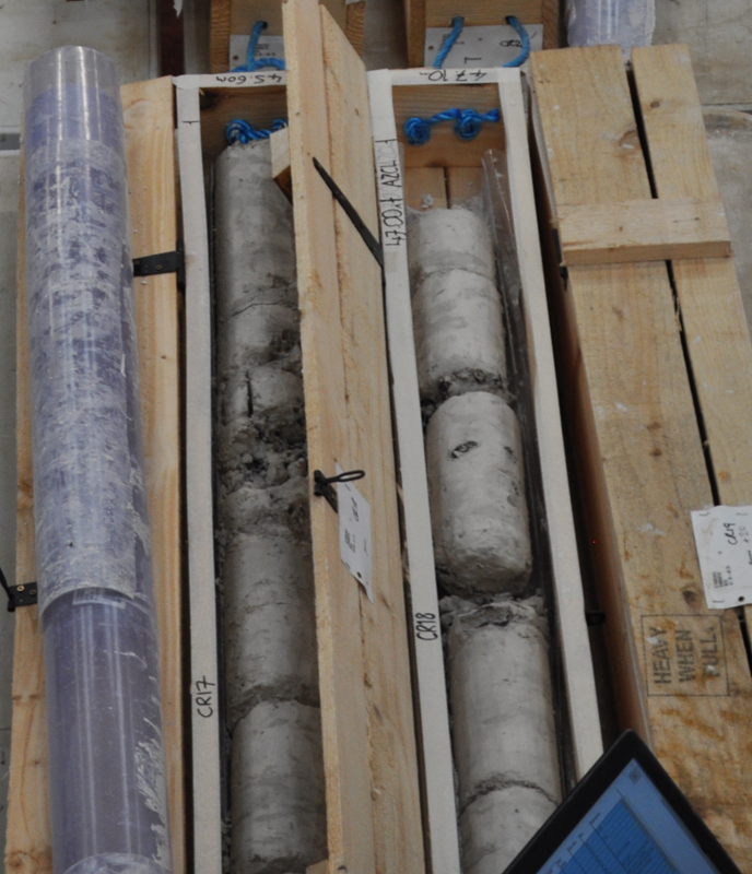 Lower Thames Crossing Ground Investigation Site Visit. Core Store facility showing core samples in core boxes with core liners next to them