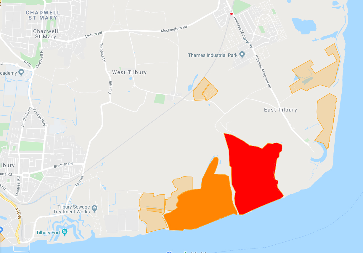 Historic Landfill site map - East Tilbury. Red area - East Tilbury Marshes site. Dark Orange area - East Tilbury site.