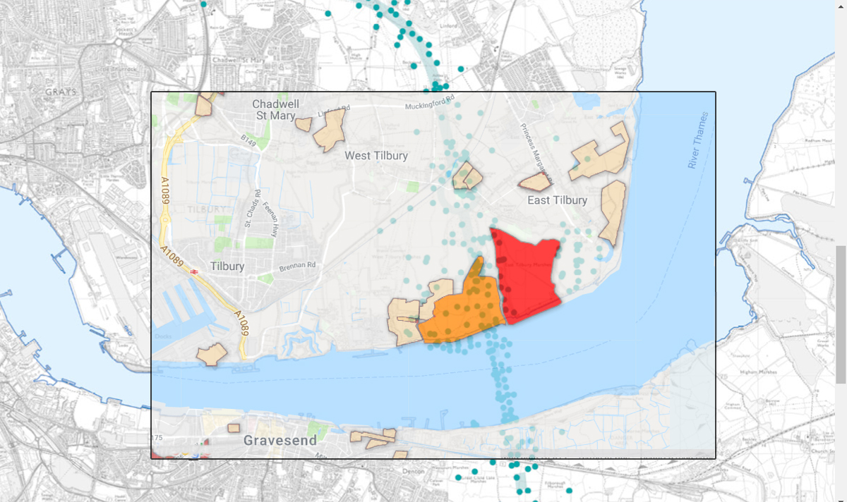 Lower Thames Crossing Ground Investigation locations shown with blue dots, overlaid with the historic landfill sites map