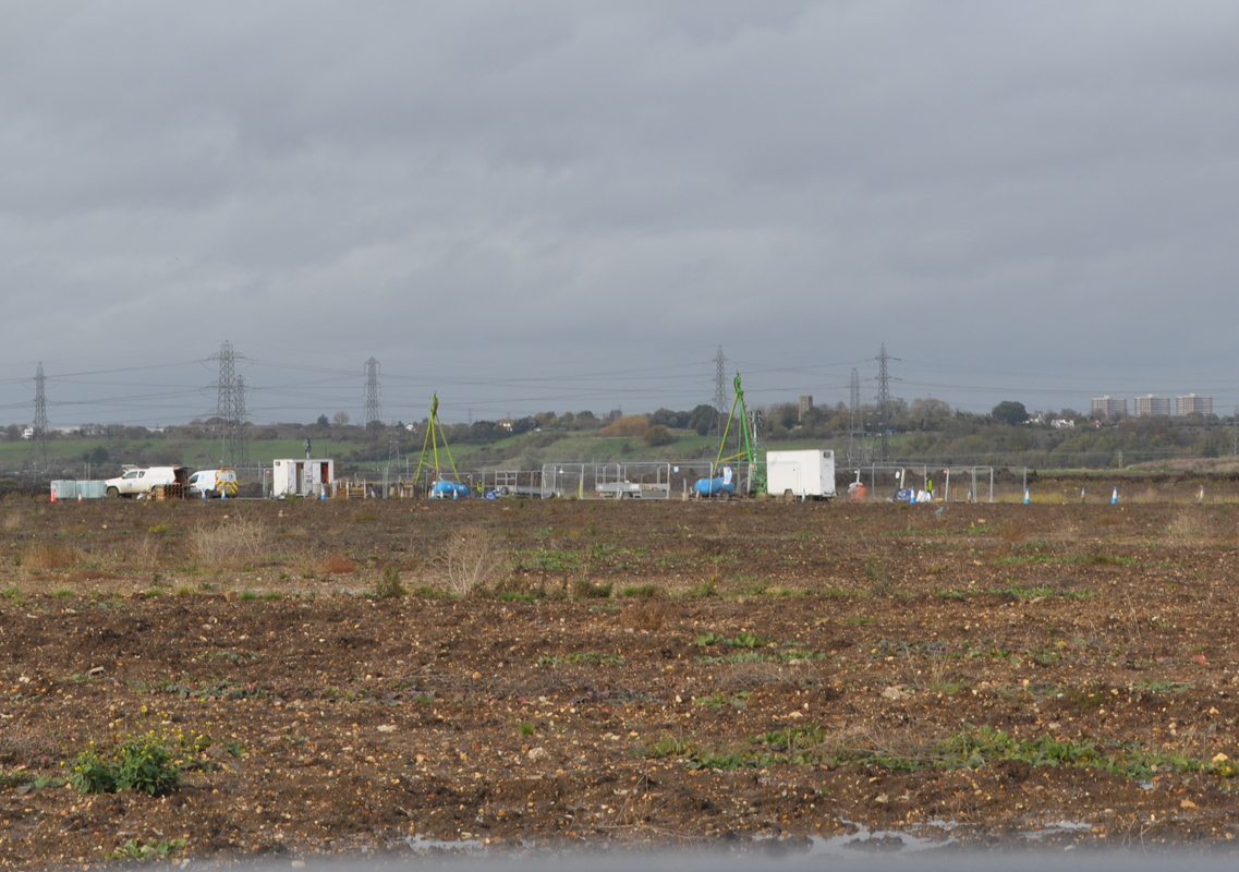 Lower Thames Crossing Ground Investigation Site Visit. Ground Investigation works in a muddy wet field