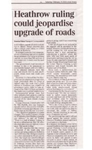 The Times article on Heathrow ruling and how it could jepardise upgrade of roads