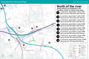 Map showing proposed noise barriers along the route north of the river (Thurrock)