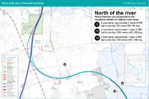 Map showing proposed noise barriers along the route north of the river (Thurrock/Havering/Essex)
