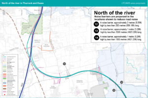 Map showing proposed noise barriers along the route north of the river (Thurrock/Havering/Essex)