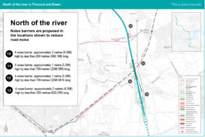 Map showing proposed noise barriers along the route north of the river (Thurrock)