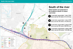 Map showing proposed noise barriers along the route south of the river (Kent)