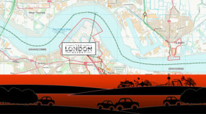 London Resort (theme park) development boundary map on the Swanscombe Peninsula (south of the river) and in Tilbury (north of the river).