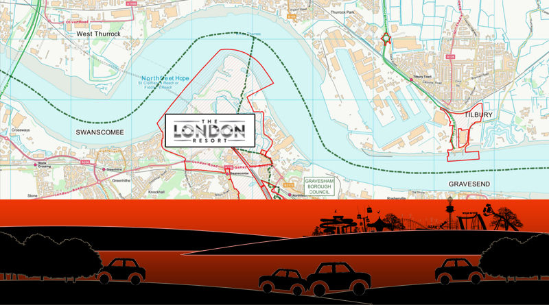 London Resort (theme park) development boundary map on the Swanscombe Peninsula (south of the river) and in Tilbury (north of the river).