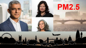 Mayor of London Sadiq Khan and two of his team, scene of London, and text PM2.5