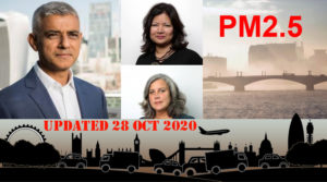 Mayor of London Sadiq Khan and two of his team, scene of London, and text PM2.5