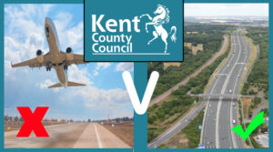 TCAG Email to Kent County Council. Jumbo jet with a red cross showing opposition along side an image of LTC at M2/A2 junction with a green tick showing support