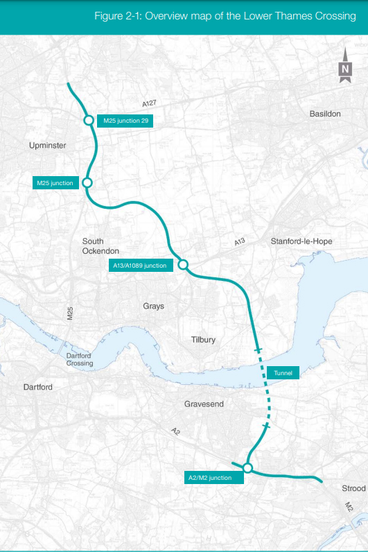 Map showing the proposed Lower Thames Crossing released 12th May 2022