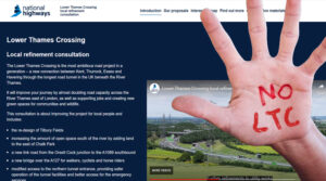 Local Refinement Consultation Initial Observations - image of the LTC consultation website with a hand in front of it with No LTC painted in red on it
